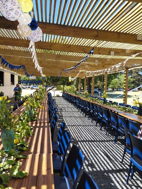 A decorated table on the patio